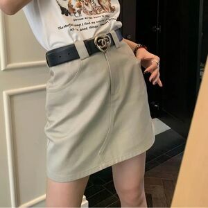 Beige Mini Skirt with Black Belt